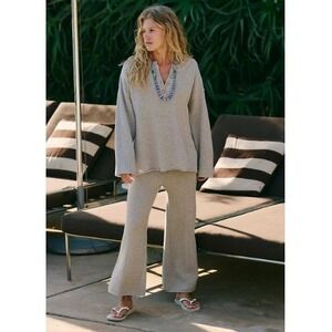 Free People Beach Hailee Knit Pants Heather Grey Wide Leg 100% Cotton Boho‎ M